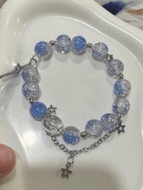 Silver Star Charm Bracelet with Blue and Clear Beads